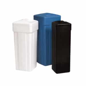 White, blue, and black brine tanks for water softeners. Water treatment equipment.