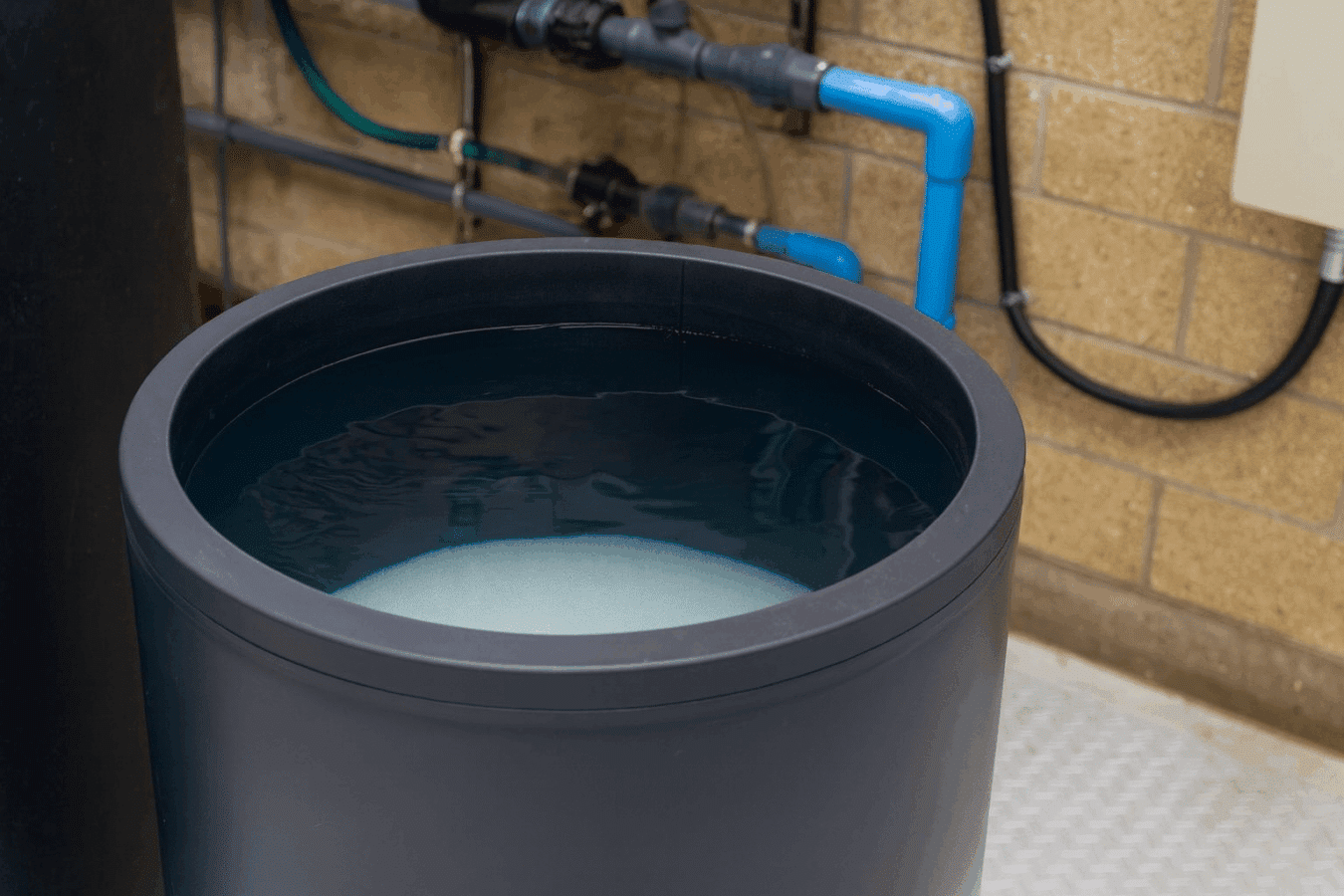A water softener brine tank full of water