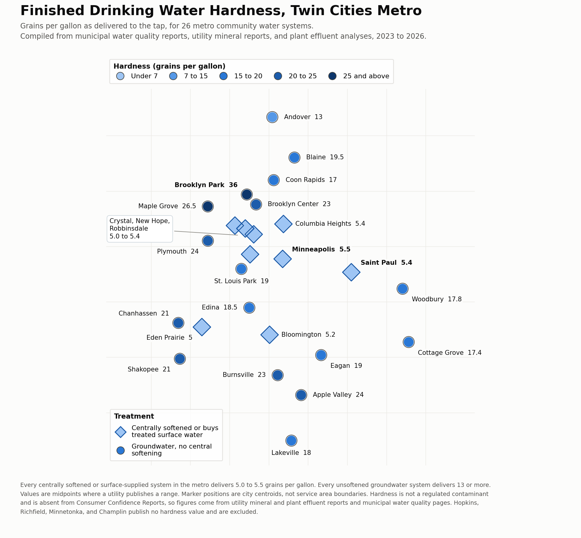 Map of water hardness in the Twin Cities, St. Paul and Minneapolis, MN